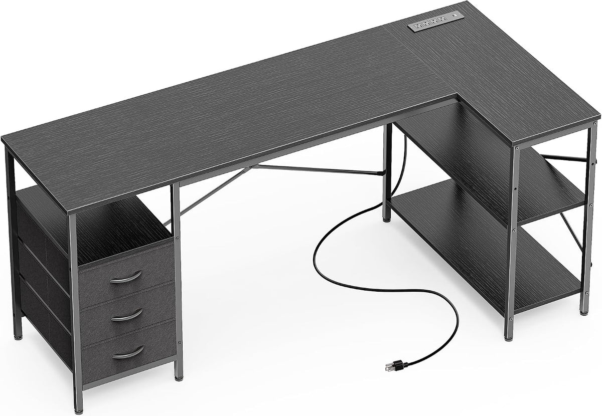 L Shaped Office Desk with Power Outlets & 3 Drawers