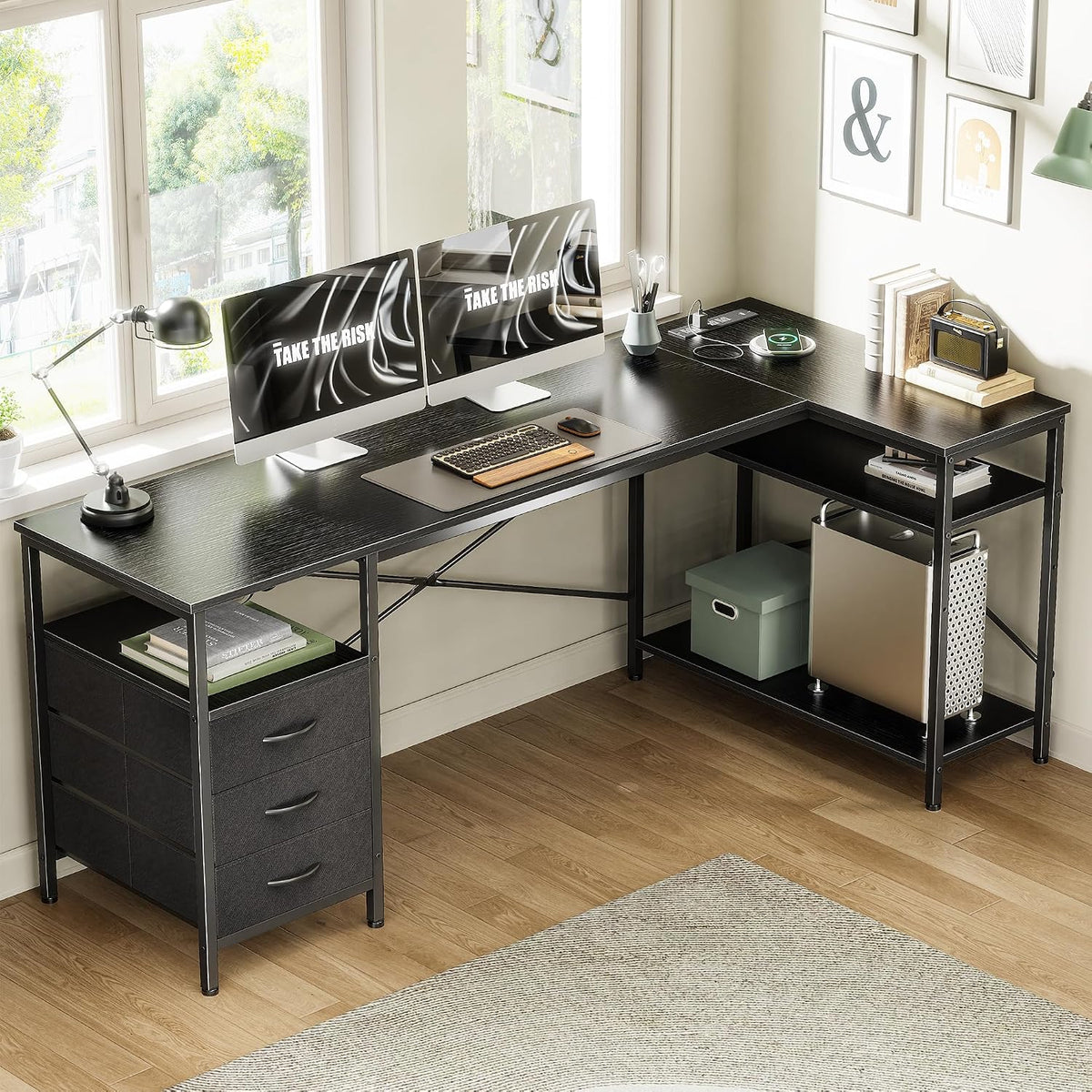 L Shaped Office Desk with Power Outlets & 3 Drawers