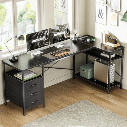 L Shaped Office Desk with Power Outlets & 3 Drawers