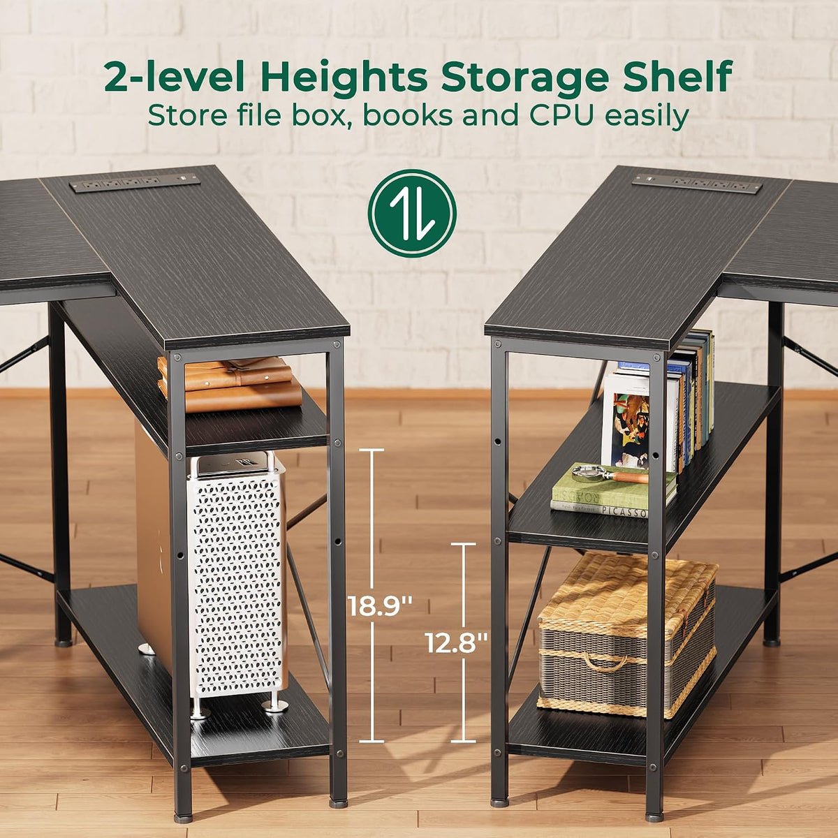 L Shaped Office Desk with Power Outlets & 3 Drawers