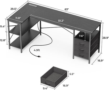 L Shaped Office Desk with Power Outlets & 3 Drawers