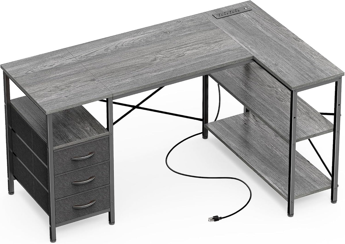 L Shaped Office Desk with Power Outlets & 3 Drawers