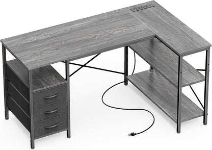 L Shaped Office Desk with Power Outlets & 3 Drawers
