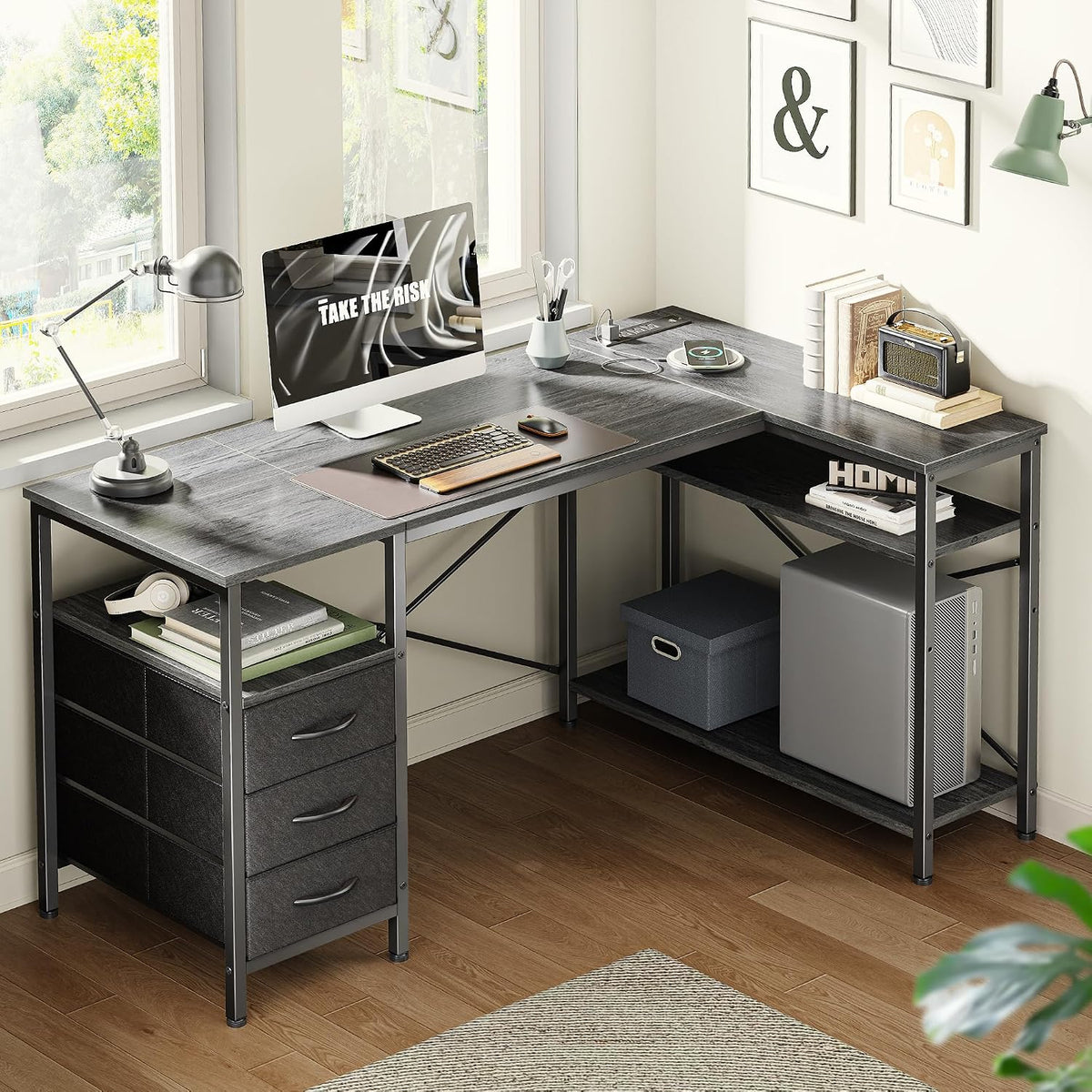 L Shaped Office Desk with Power Outlets & 3 Drawers