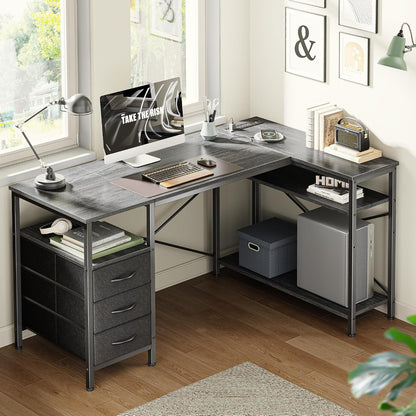 L Shaped Office Desk with Power Outlets & 3 Drawers