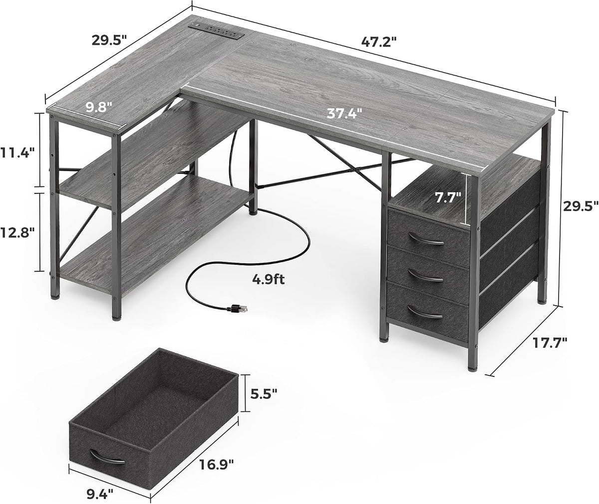 L Shaped Office Desk with Power Outlets & 3 Drawers