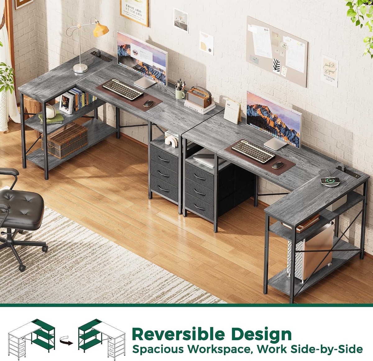 L Shaped Office Desk with Power Outlets & 3 Drawers