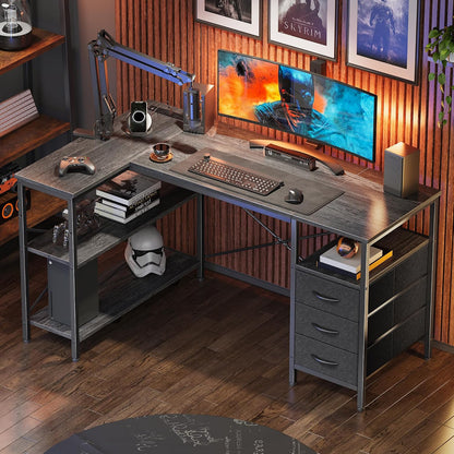 L Shaped Office Desk with Power Outlets & 3 Drawers