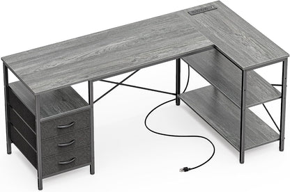 L Shaped Office Desk with Power Outlets & 3 Drawers