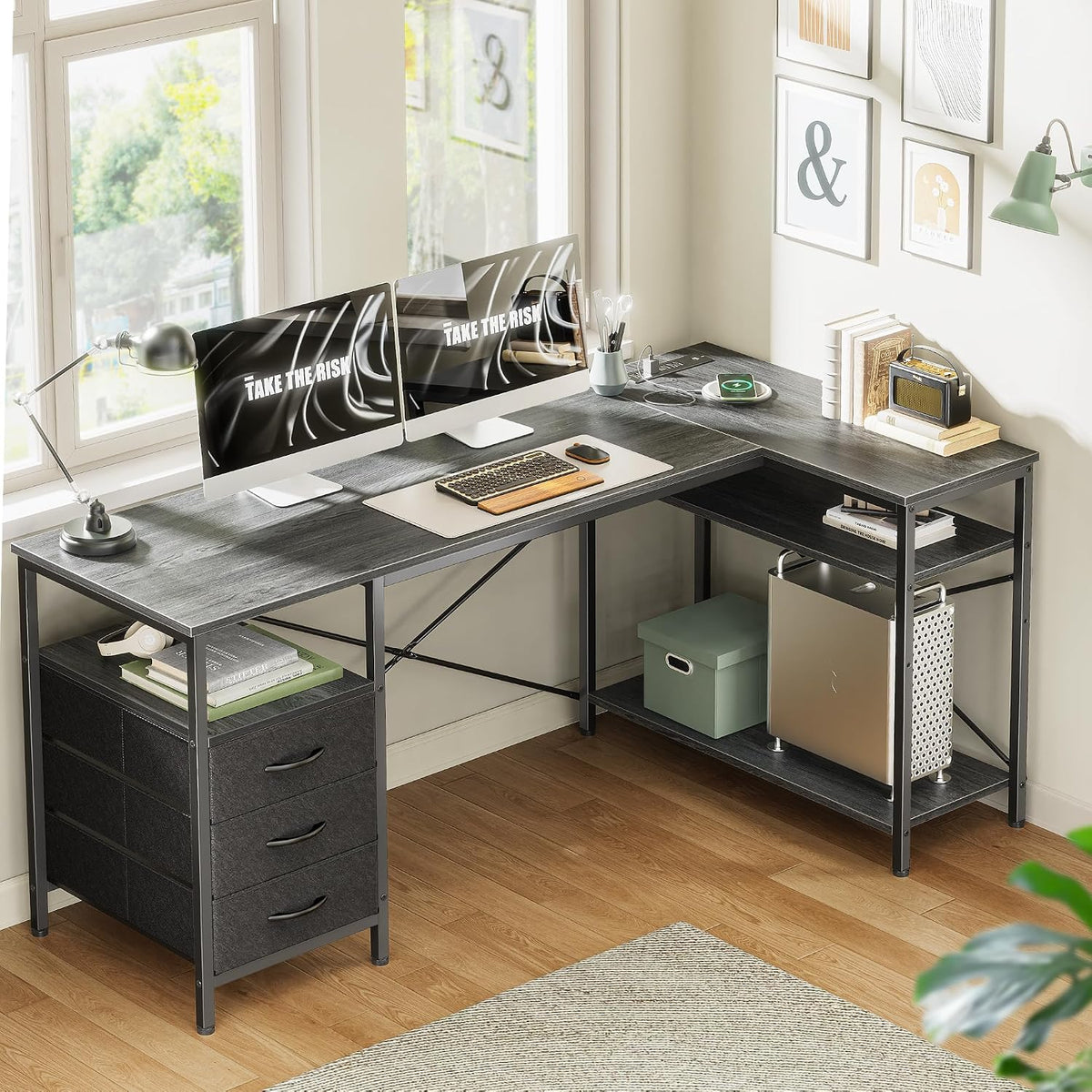 L Shaped Office Desk with Power Outlets & 3 Drawers