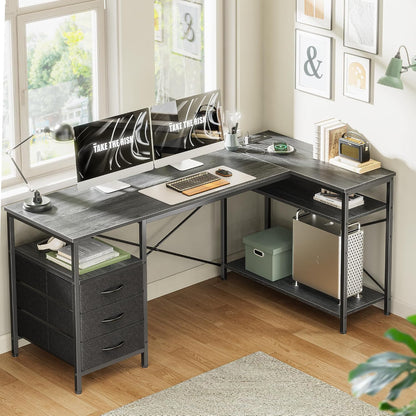 L Shaped Office Desk with Power Outlets & 3 Drawers