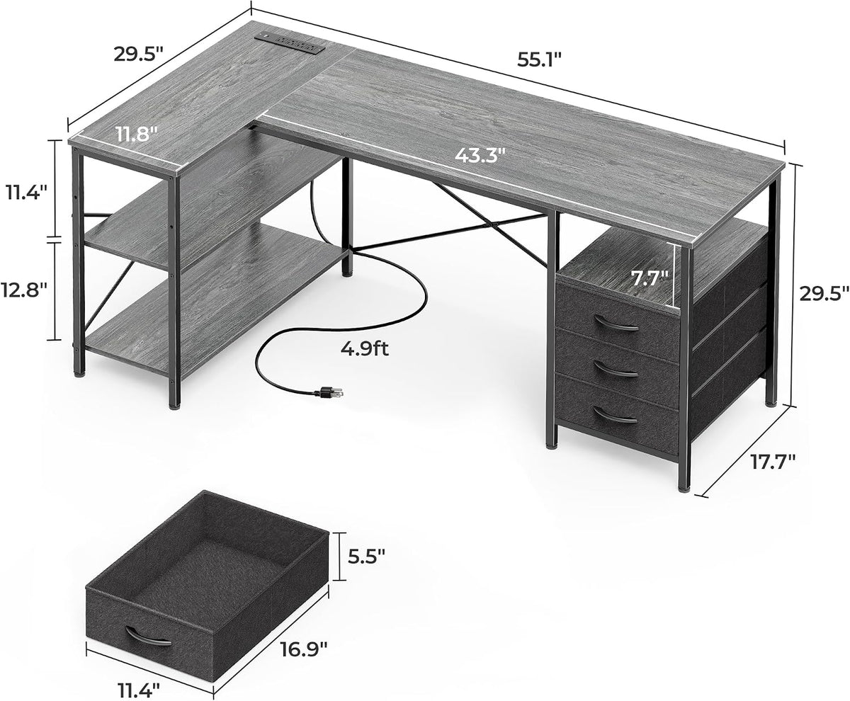 L Shaped Office Desk with Power Outlets & 3 Drawers