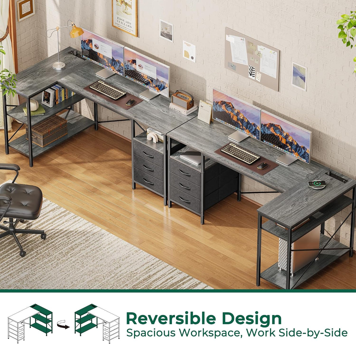 L Shaped Office Desk with Power Outlets & 3 Drawers