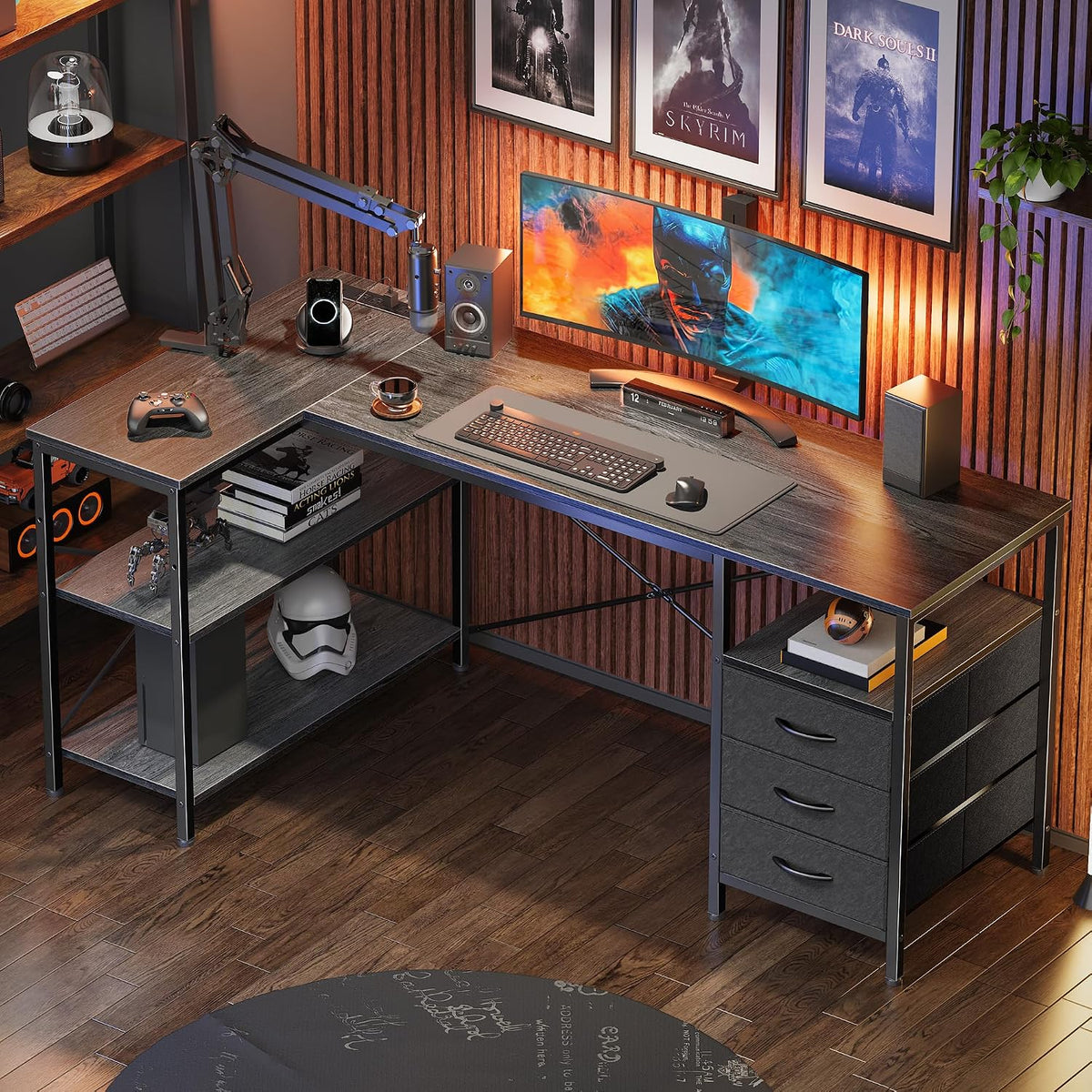 L Shaped Office Desk with Power Outlets & 3 Drawers