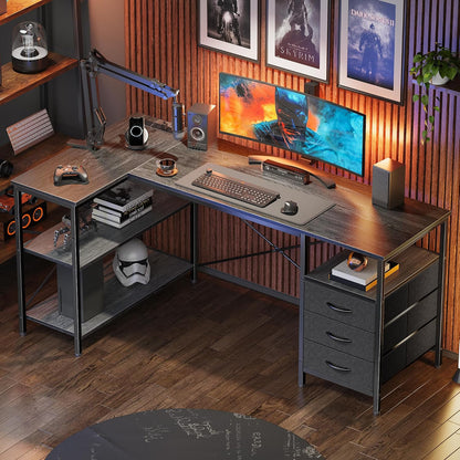 L Shaped Office Desk with Power Outlets & 3 Drawers