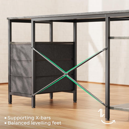 L Shaped Office Desk with Power Outlets & 3 Drawers