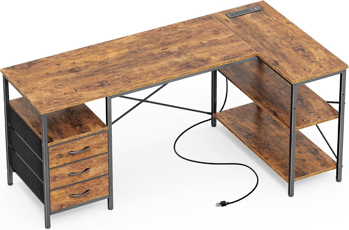 L Shaped Office Desk with Power Outlets & 3 Drawers