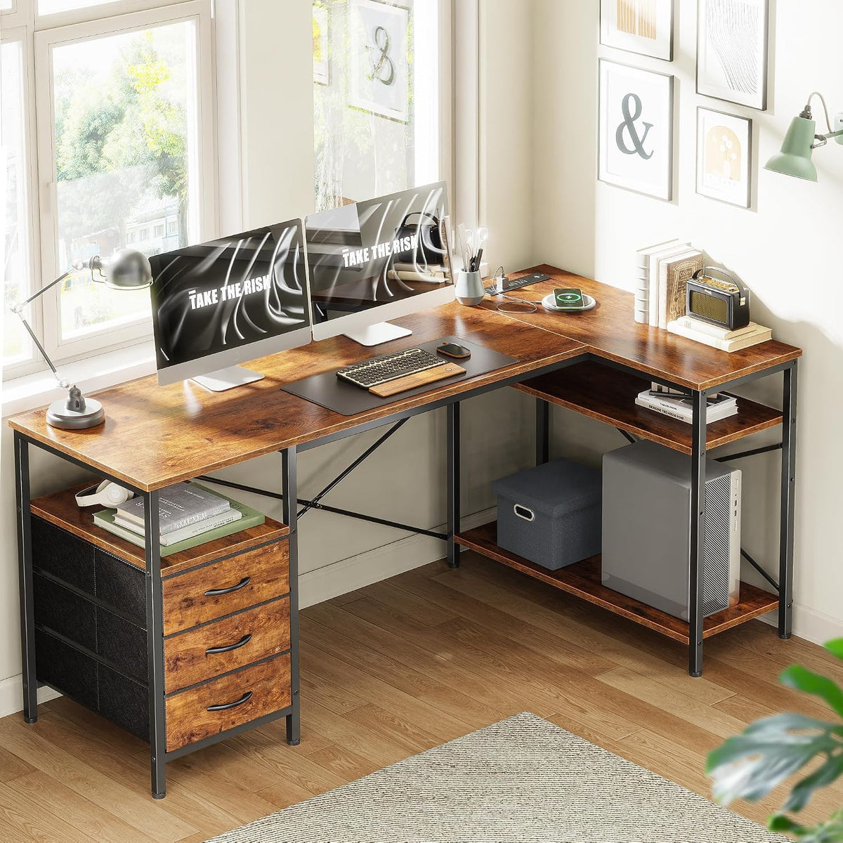 L Shaped Office Desk with Power Outlets & 3 Drawers