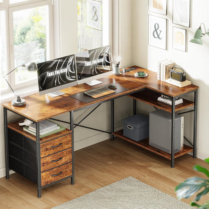 L Shaped Office Desk with Power Outlets & 3 Drawers