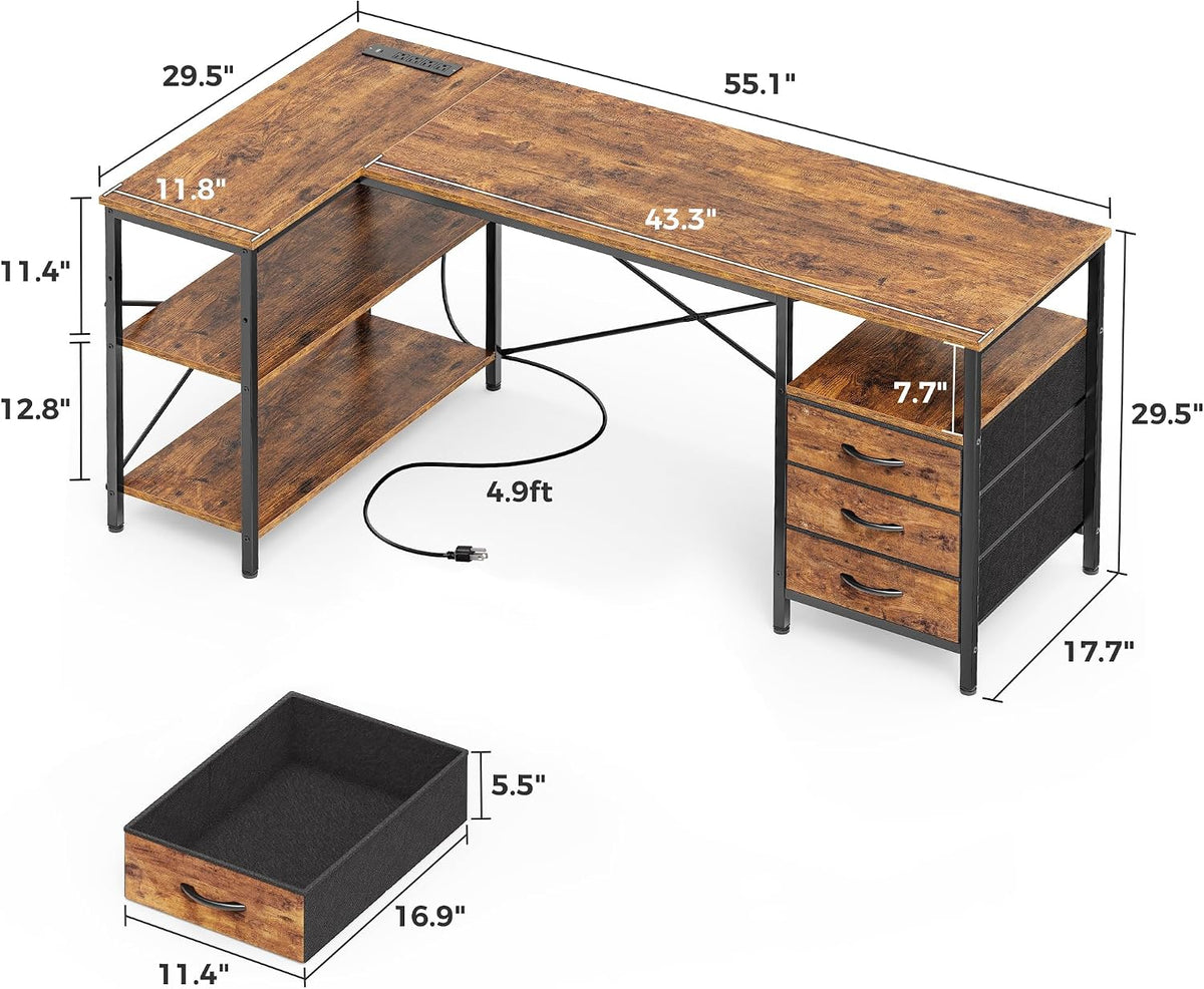 L Shaped Office Desk with Power Outlets & 3 Drawers