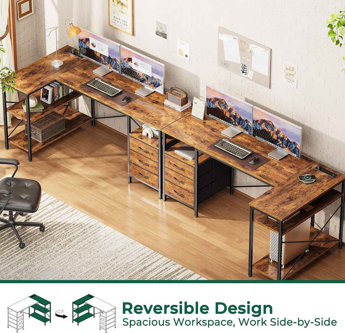 L Shaped Office Desk with Power Outlets & 3 Drawers