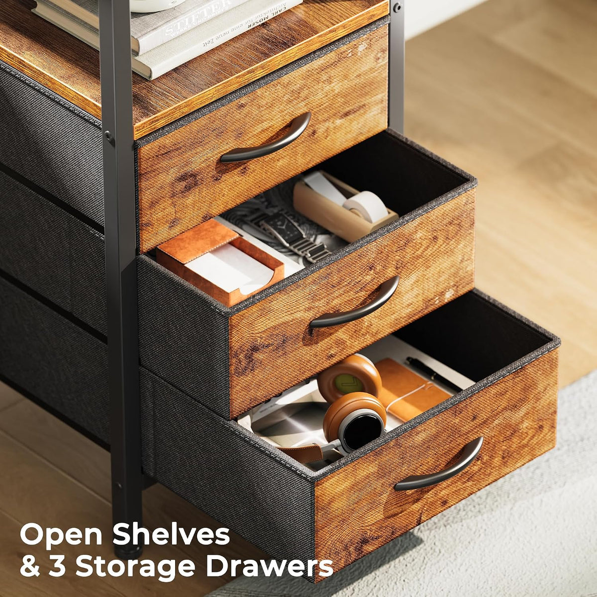 L Shaped Office Desk with Power Outlets & 3 Drawers