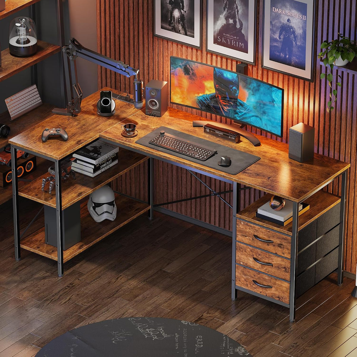 L Shaped Office Desk with Power Outlets & 3 Drawers