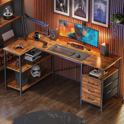 L Shaped Office Desk with Power Outlets & 3 Drawers