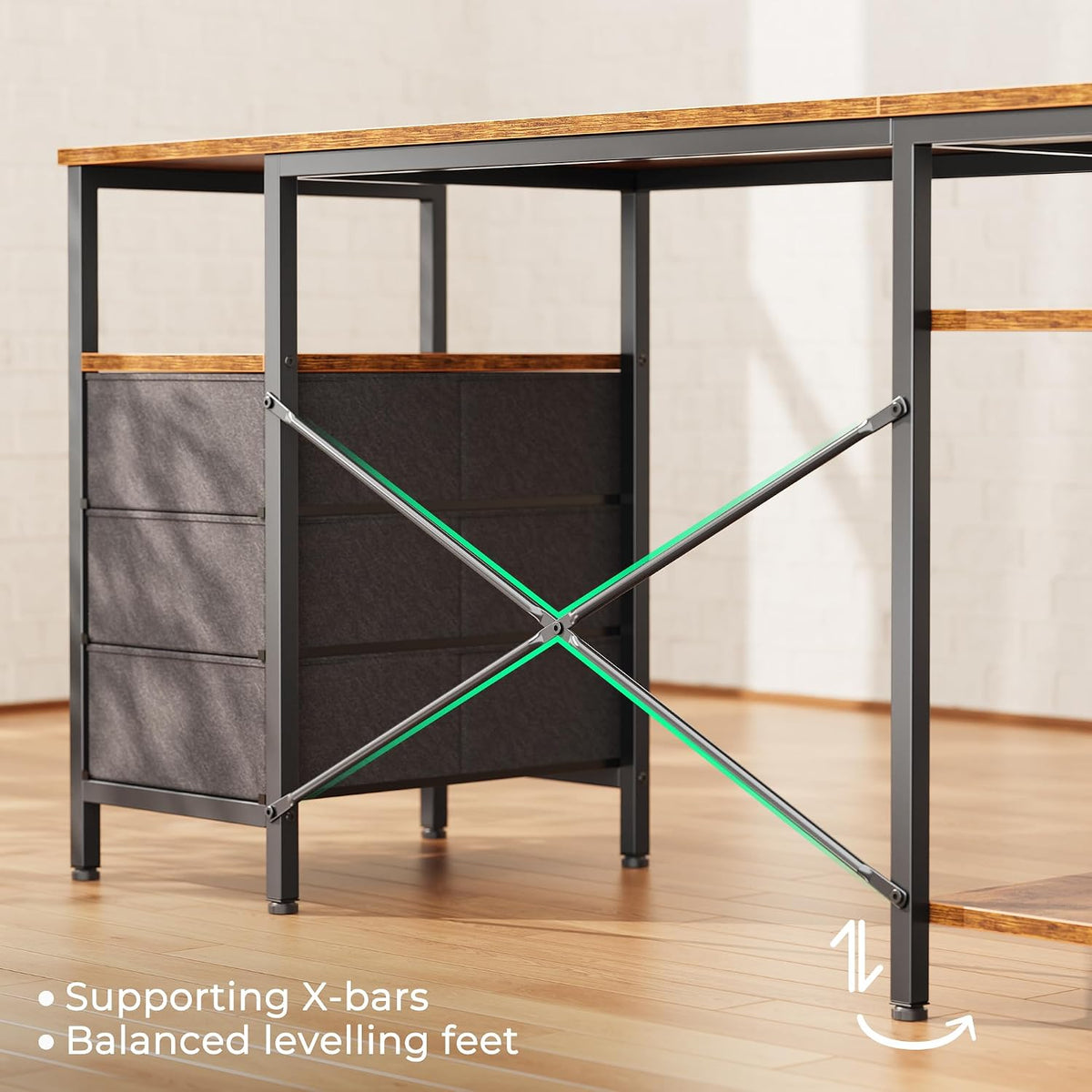 L Shaped Office Desk with Power Outlets & 3 Drawers