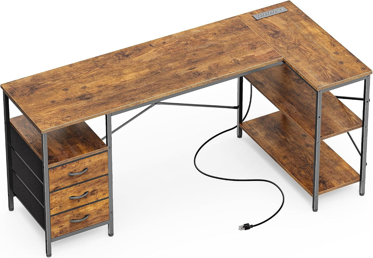L Shaped Office Desk with Power Outlets & 3 Drawers