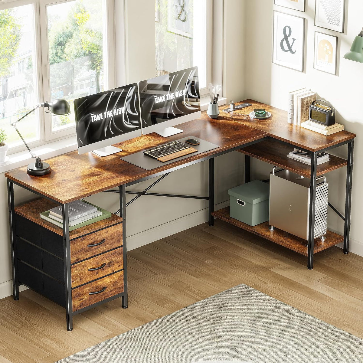 L Shaped Office Desk with Power Outlets & 3 Drawers