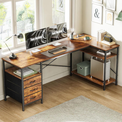 L Shaped Office Desk with Power Outlets & 3 Drawers