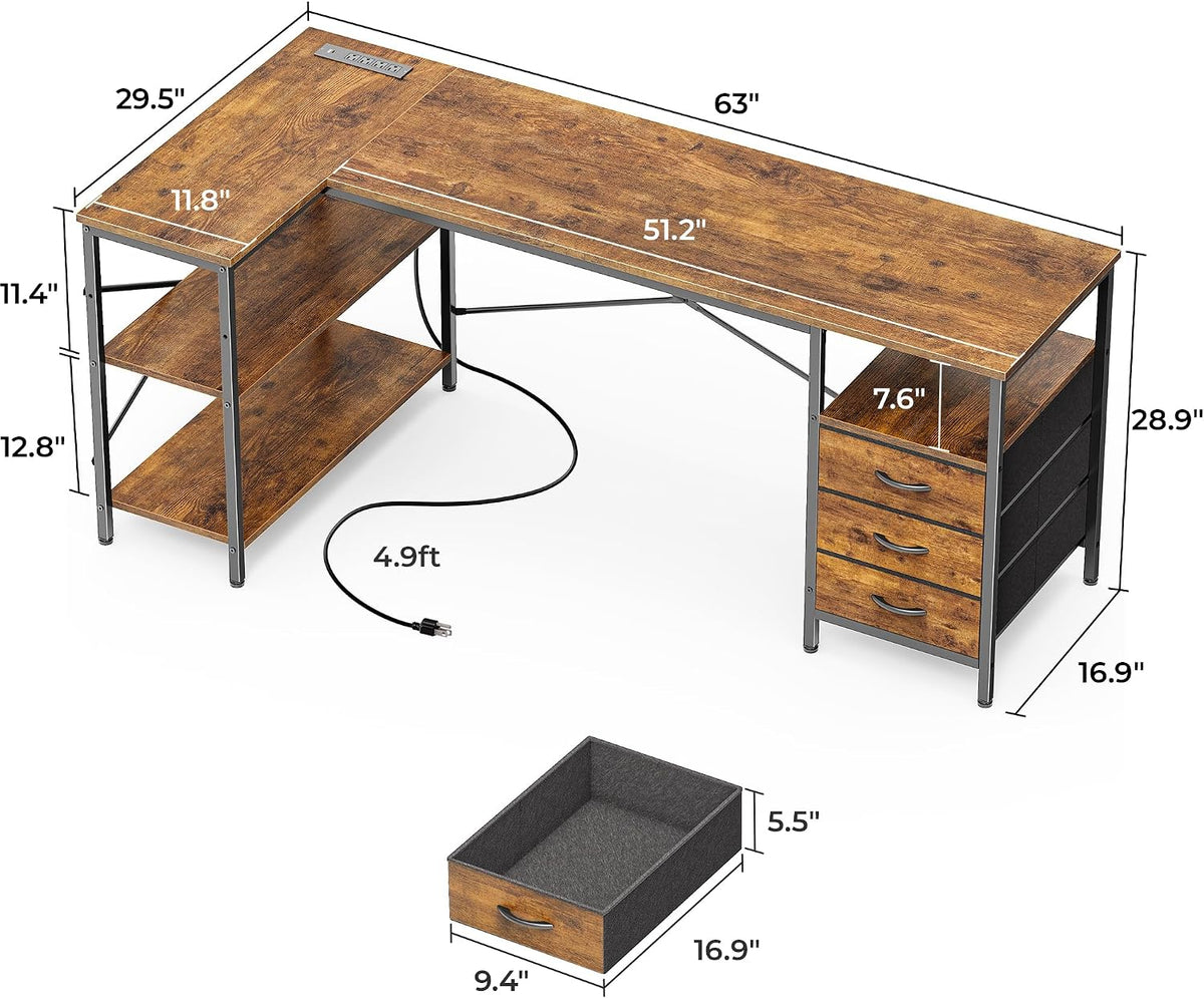 L Shaped Office Desk with Power Outlets & 3 Drawers
