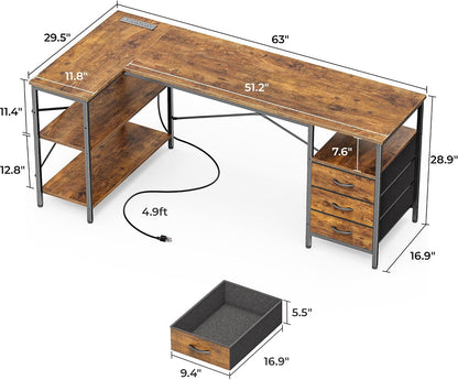 L Shaped Office Desk with Power Outlets & 3 Drawers