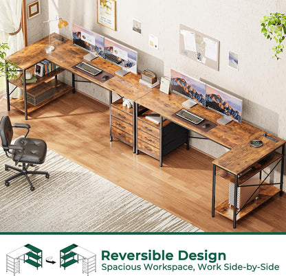 L Shaped Office Desk with Power Outlets & 3 Drawers