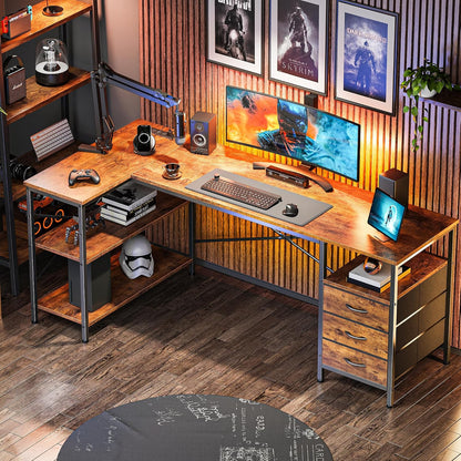 L Shaped Office Desk with Power Outlets & 3 Drawers