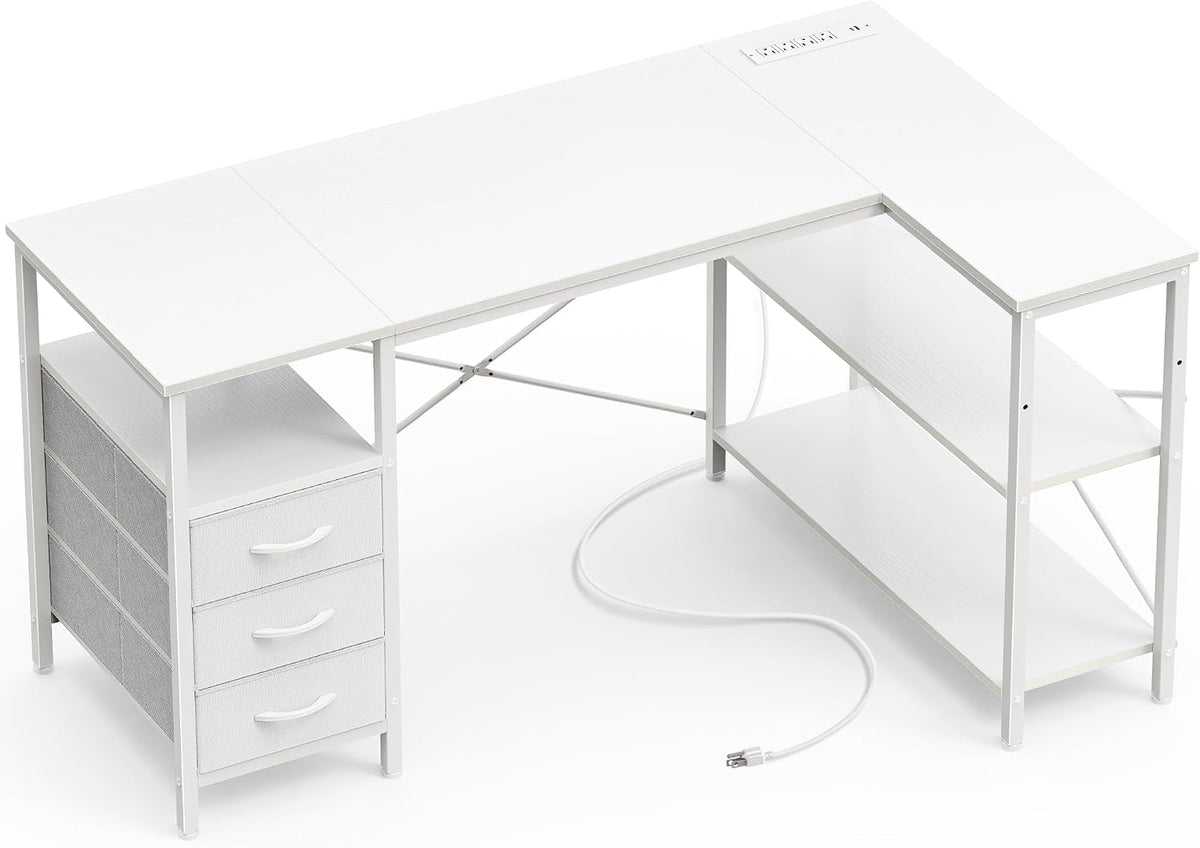 L Shaped Office Desk with Power Outlets & 3 Drawers