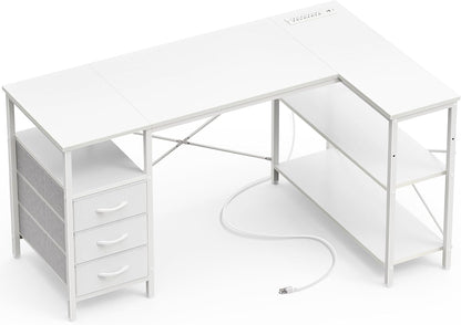 L Shaped Office Desk with Power Outlets & 3 Drawers
