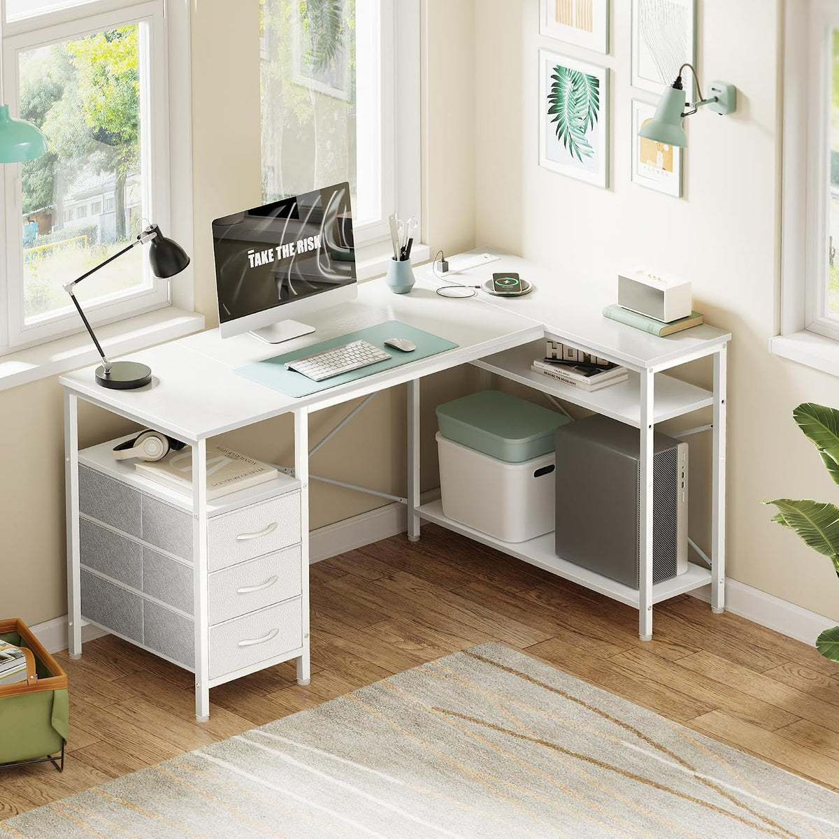 L Shaped Office Desk with Power Outlets & 3 Drawers