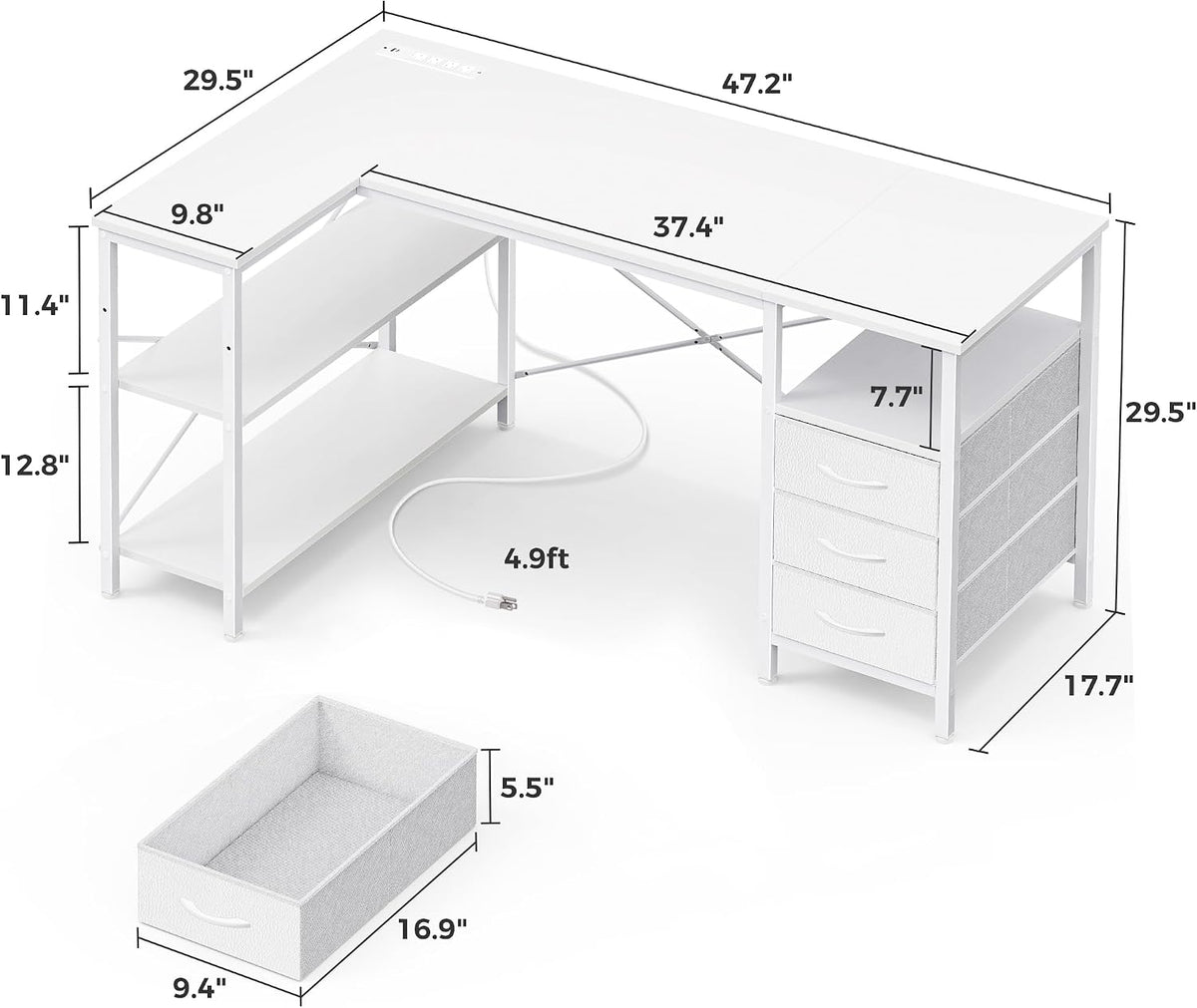 L Shaped Office Desk with Power Outlets & 3 Drawers