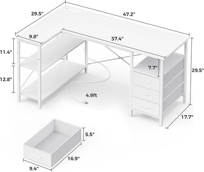 L Shaped Office Desk with Power Outlets & 3 Drawers