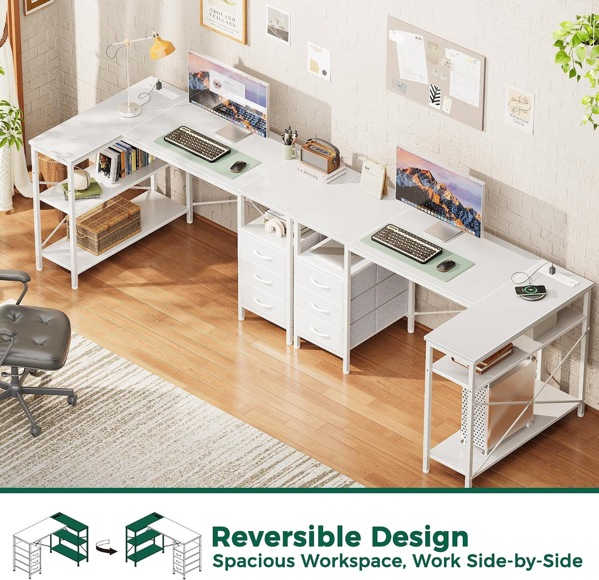 L Shaped Office Desk with Power Outlets & 3 Drawers
