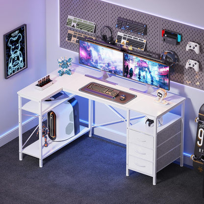 L Shaped Office Desk with Power Outlets & 3 Drawers