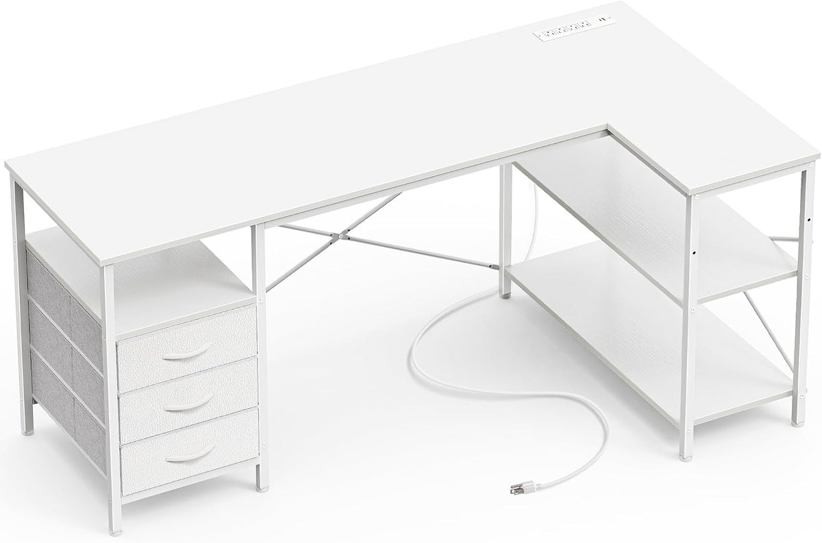 L Shaped Office Desk with Power Outlets & 3 Drawers