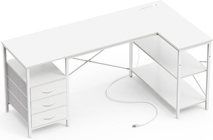 L Shaped Office Desk with Power Outlets & 3 Drawers