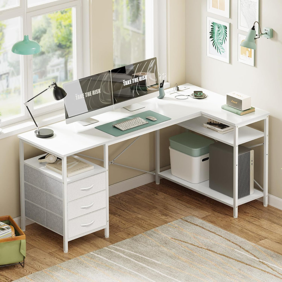 L Shaped Office Desk with Power Outlets & 3 Drawers