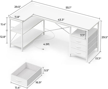 L Shaped Office Desk with Power Outlets & 3 Drawers