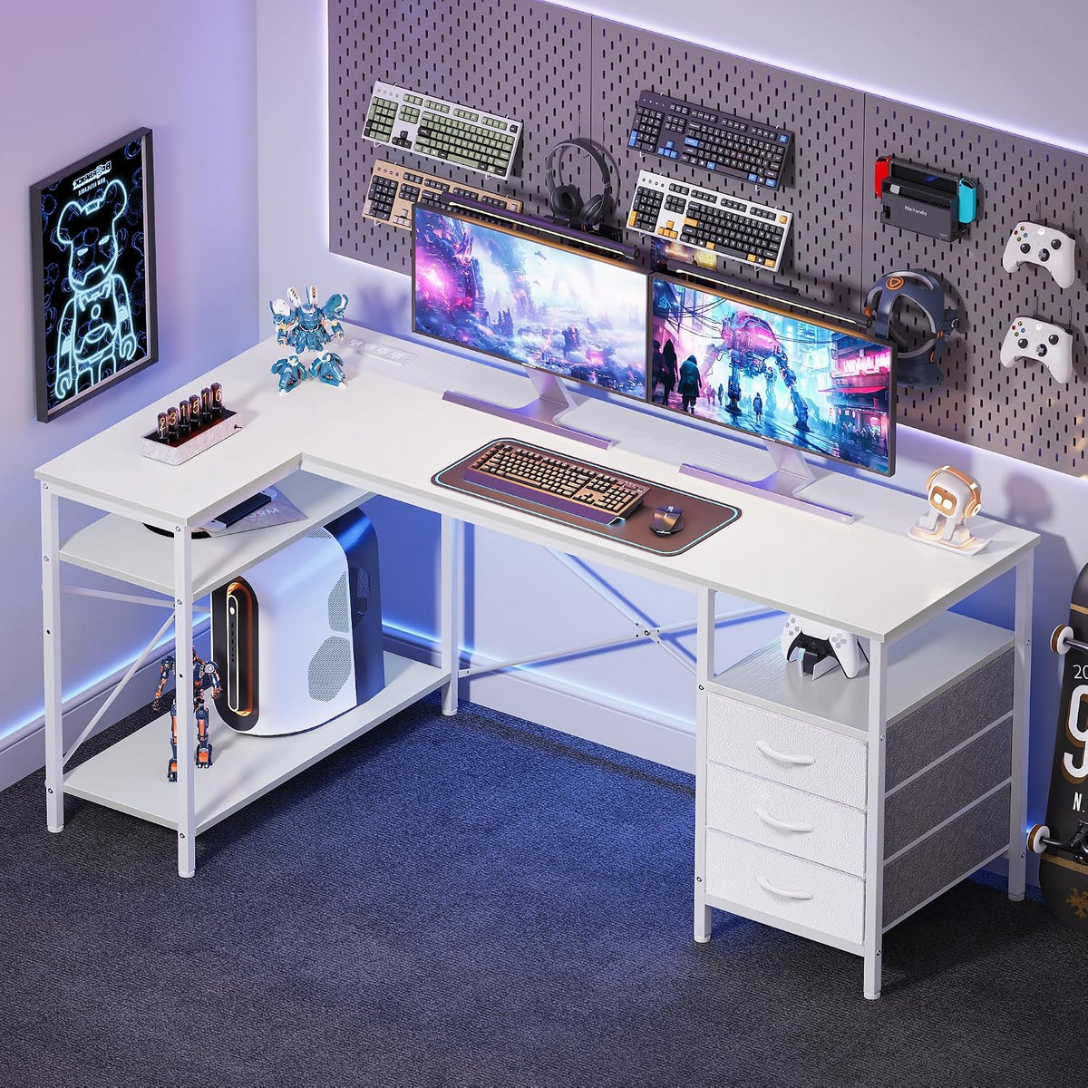 L Shaped Office Desk with Power Outlets & 3 Drawers
