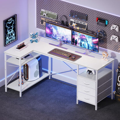L Shaped Office Desk with Power Outlets & 3 Drawers