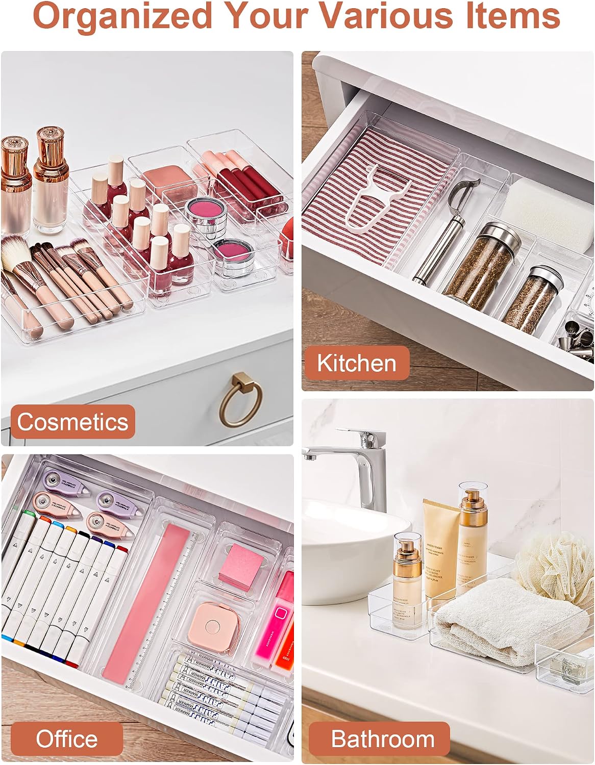 22 PCS Drawer Organizer, 4-Size Desk Bathroom Drawer Organizer